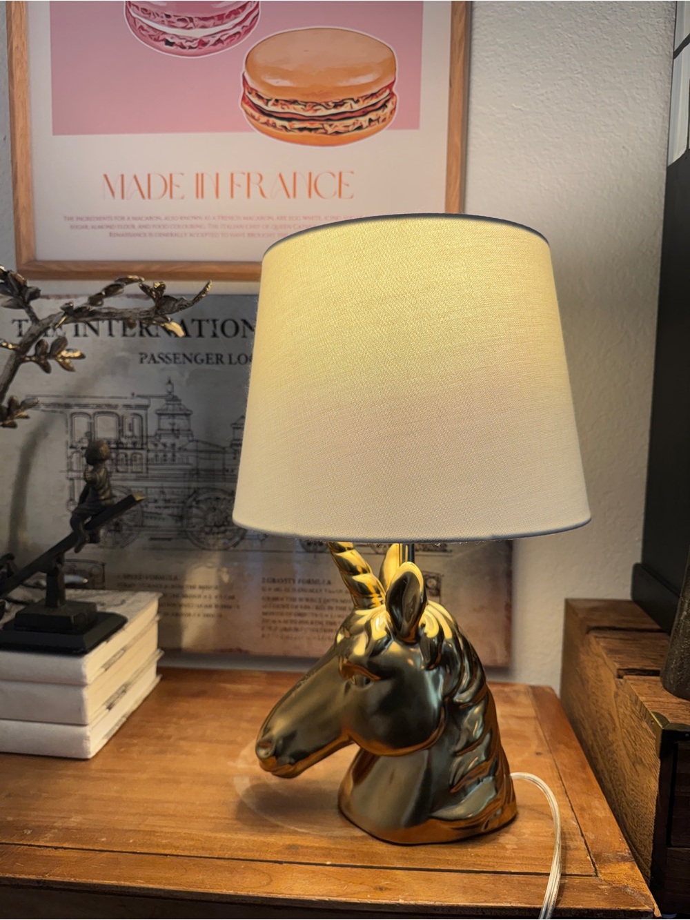 Gold Unicorn Table Lamp with White Shade - Decorative Home Accent